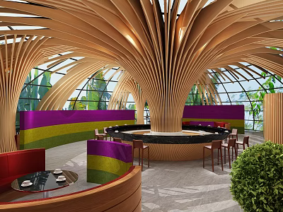 Stylish Café Interior With Wooden Arch Ceiling Glass Dome And Colorful Seats 3d model