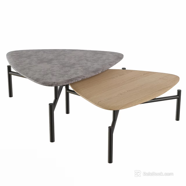 Modern Triangular Nesting Coffee Table With Gray Padded Top And Wooden Surface Black Metal Legs 3d model