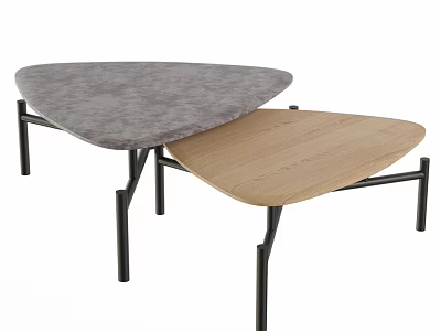 Modern Triangular Nesting Coffee Table With Gray Padded Top And Wooden Surface Black Metal Legs 3d model