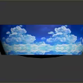 Scenic Floating Island with Lush Green Trees Orange Roof Cottage Blue Sky Clouds Central Path