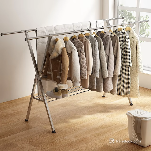 Stainless Steel Foldable Clothes Drying Rack With Hanging Fur Collar Coats In Bright Indoor Room 3d model 