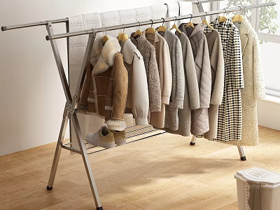 Stainless Steel Foldable Clothes Drying Rack With Hanging Fur Collar Coats In Bright Indoor Room 3d model