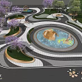 Modern Urban Park Recreational Landscape With Circular Pool Purple Flowering Trees Green Lawn And Walkways