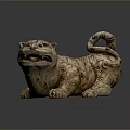 Ancient Style Tiger Sculpture With Intricate Carvings And Curled Tail In Lying Posture