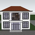 Two Story Detached Villa Exterior With Large Windows Green Lawn And Trees