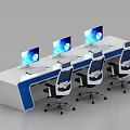 Modern Console Desk With Three Blue Chairs Monitors And White Blue Design