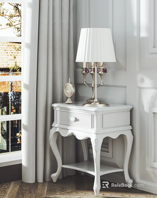 White Decorative Cabinet With Table Lamp Clock And Perforated Drawer In Interior 3d model