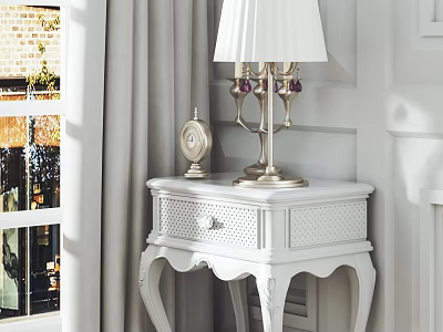 White Decorative Cabinet With Table Lamp Clock And Perforated Drawer In Interior 3d model