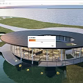 Circular Modern Building With Black Roof Glass Walls At Waterfront Green Lawn And Scenic View 3d model