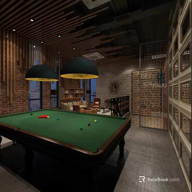 Modern Billiard Room Interior With Green Felt Table Billiard Balls And Pendant Lights 3d model 