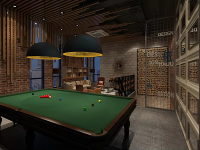 Modern Billiard Room Interior With Green Felt Table Billiard Balls And Pendant Lights 3d model