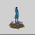 Blue Skinned Long Eared Humanoid With Braided Hair Interacting With Bioluminescent Sprite Like Creatures
