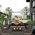 Modern Courtyard Garden With Pergola Outdoor Seating Lush Plants And Ambient Lighting
