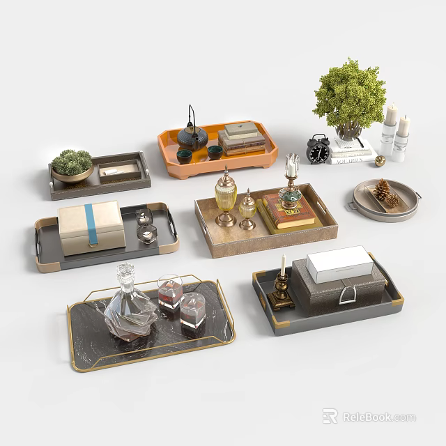 Ornamental Decor Sets With Trays Small Plants Perfume Bottles Books Clock And Decorative Pieces 3d model 