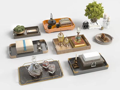 Ornamental Decor Sets With Trays Small Plants Perfume Bottles Books Clock And Decorative Pieces 3d model