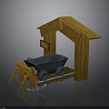Detailed 3D Mining Scene Structure With Wooden Shelter Mine Cart And Pickaxe