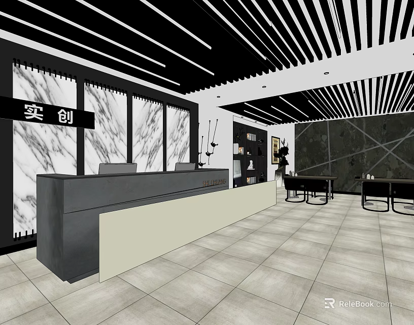 Hotel Public Lounge Area With Modern Design Marble Wall Reception Desk And Chairs 3d model 