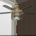 Elegant Golden Ceiling Fan Light with Black Blades and Wooden Wall Interior