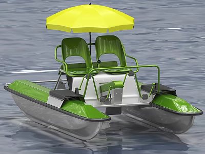 Green Yacht With Two Green Seats And Yellow Umbrella On Water 3d model