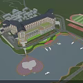 Aerial View Planning Large Building Water Area Heart Shaped Island Sports Track And Bridge