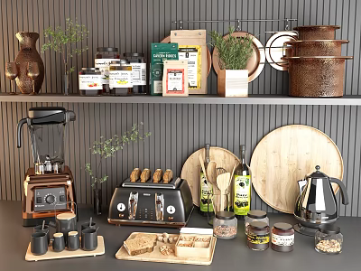 Modern Kitchen Shelves With Stylish Kitchenware Coffee Maker Toaster Copper Pots And Green Plants 3d model