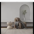 Beige Single Sofa with Checkered Blanket Wooden Table and Vase Green Plant in Curved Arch