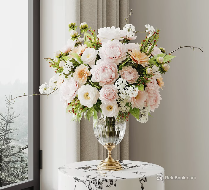 Glass Vase With Gold Base Featuring Pink White Beige Flowers Green Leaves On Marble Tabletop 3d model 