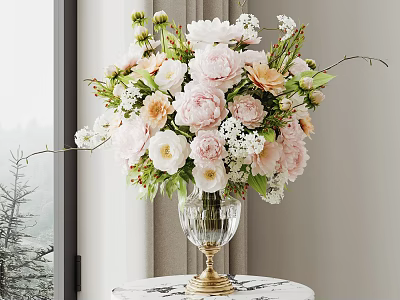 Glass Vase With Gold Base Featuring Pink White Beige Flowers Green Leaves On Marble Tabletop 3d model