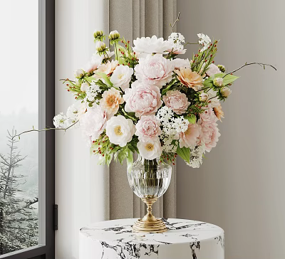 Glass Vase With Gold Base Featuring Pink White Beige Flowers Green Leaves On Marble Tabletop 3d model