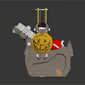 Unique Weapon Design With Yellow Circular Part Red Components And Wooden Grip
