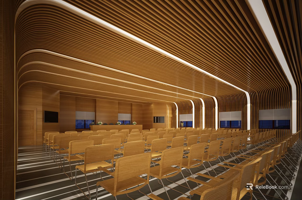Modern Conference Room With Curved Wooden Ceiling Neatly Arranged Seats And Multiple Screens 3d model 