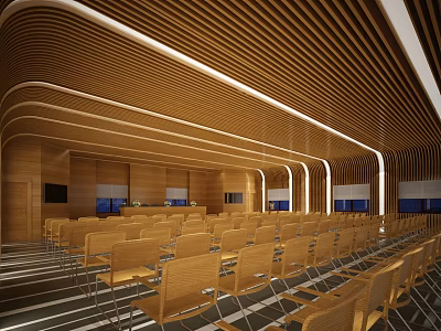 Modern Conference Room With Curved Wooden Ceiling Neatly Arranged Seats And Multiple Screens 3d model