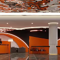 Modern Luxury Lobby Front Desk Reception with Orange Columns Mirrored Ceiling and Marble Floor Lighting