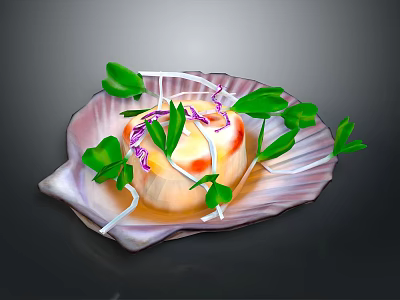 Delicate Food On Shell Shaped Plate With Purple Garnish Green Leaves White Thin Strips 3d model