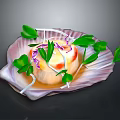 Delicate Food On Shell Shaped Plate With Purple Garnish Green Leaves White Thin Strips