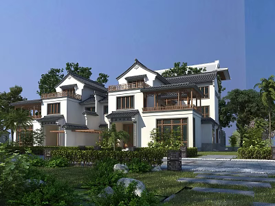 Chinese-style Villa Garden Landscape With Traditional Roof Green Trees And Stone Pathway 3d model