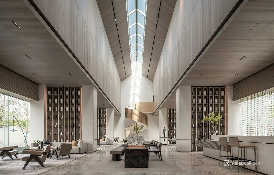 Modern Lounge Area With Comfortable Sofas Coffee Table Bookshelves And Skylight 3d model