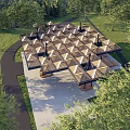 Outdoor Pergola Structure With Wooden Roof And Metal Supports In Green Park