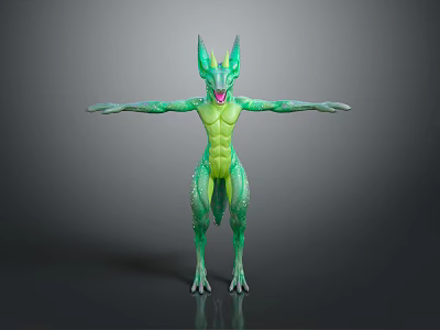 Fantasy Green Horned Creature Character With Muscular Body And Outstretched Arms 3d model