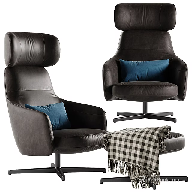 Black Leather Office Chair With Modern Design Navy Blue Pillow And Checkered Blanket 3d model 
