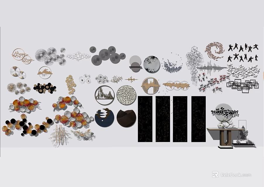 Modern Wall Decorations With Geometric Patterns Plant Elements And Chinese Style Designs 3d model