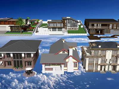 Various Styles Single Family House Exterior Design With Gabled Flat Roofs And Porches 3d model