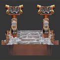 Traditional Chinese Architectural Bridge Model With Curved Roofs Red Gold Decorations And Stone Railings
