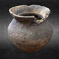 Ancient Clay Pottery Sculpture Carving With Weathered Surface And Cracked Rim