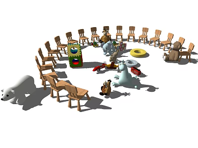 Multiple Children's Chairs Arranged in Circle with Animal Toys in Kids Play Area 3d model