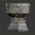 Carved Stone Basin With Square Base And Intricate Carvings On Wooden Platform