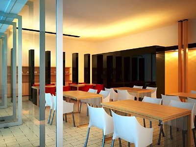 Modern Restaurant Interior Design With Wooden Tables White Chairs And Warm Lighting 3d model