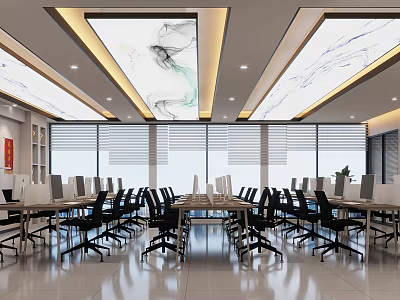 Modern Open Public Office Space With Large Windows Desks Computers Black Chairs And Ceiling Decor 3d model
