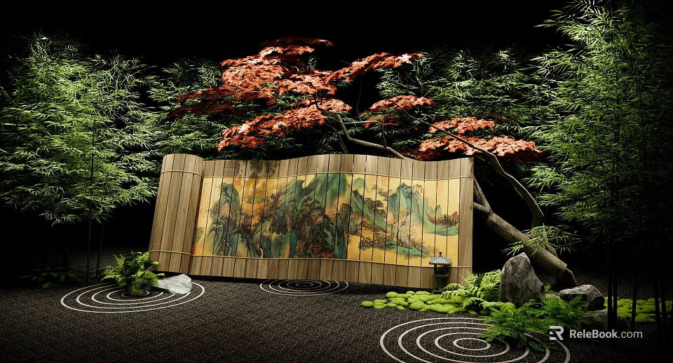 Traditional Garden With Wooden Screen Landscape Painting Red Maple Green Plants Moss And Stones 3d model 