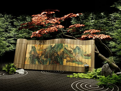 Traditional Garden With Wooden Screen Landscape Painting Red Maple Green Plants Moss And Stones 3d model